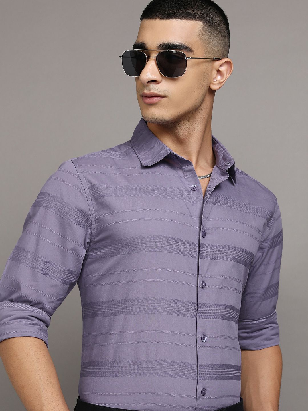 

Highlander Men Dobby Textured Striped Relaxed FIt Casual Shirt, Purple