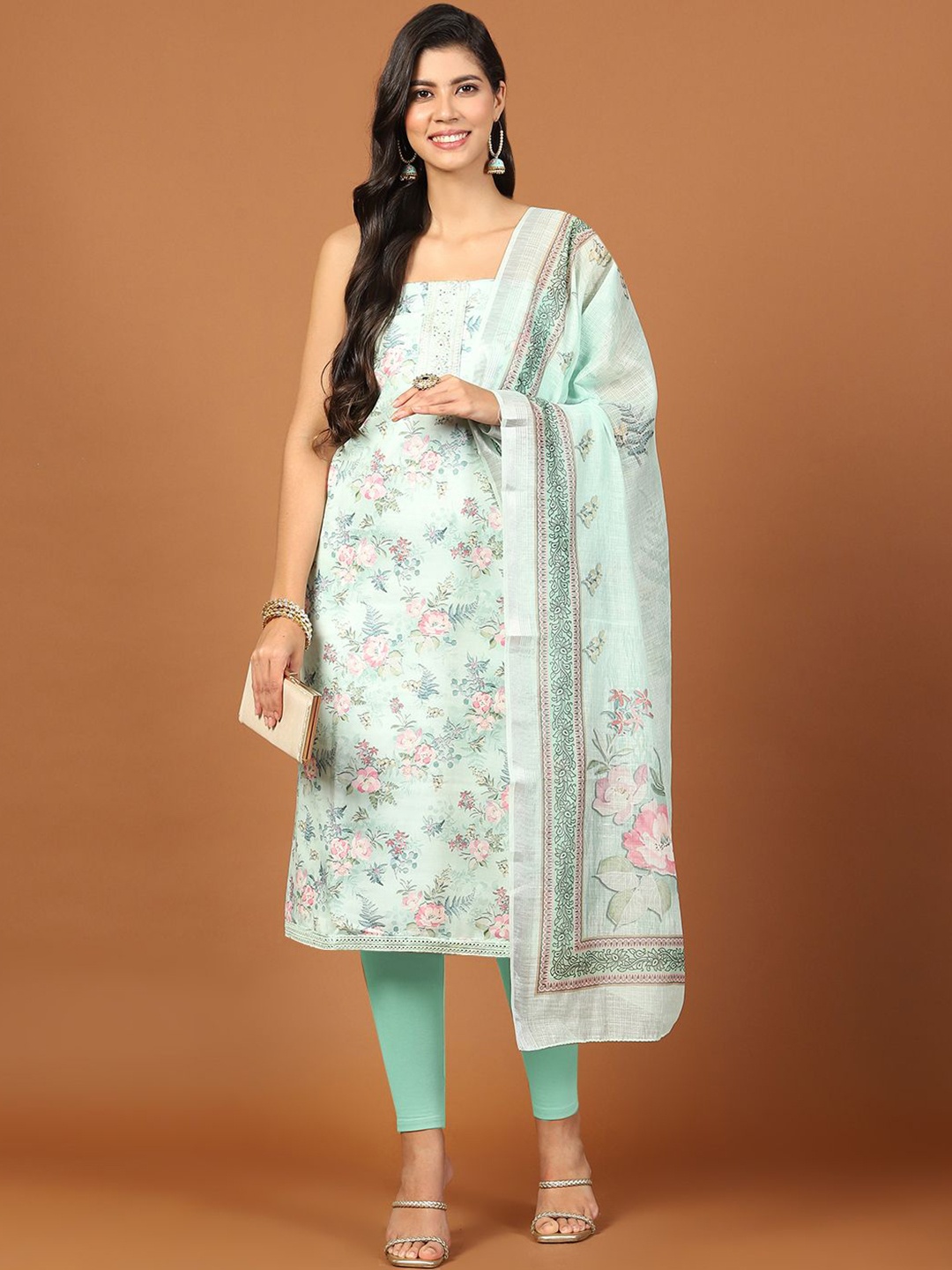 

Meena Bazaar Floral Printed Mirror Work Cotton Unstitched Dress Material, Green