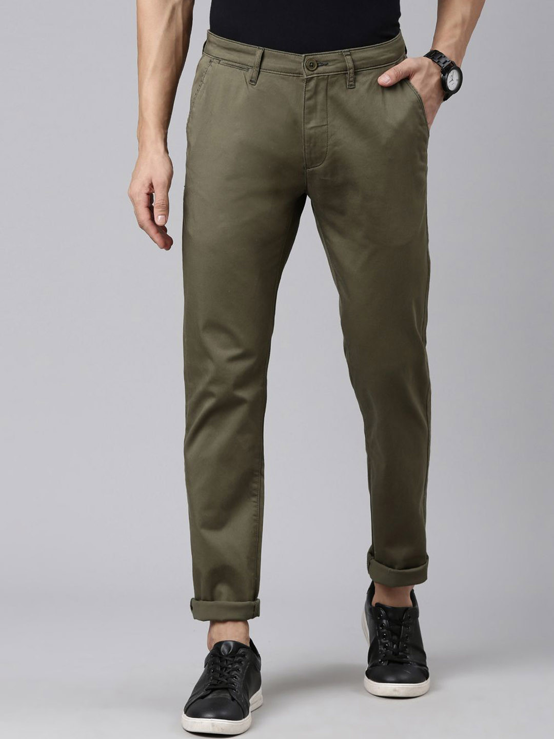 

American Bull Men Cotton Slim Fit Casual Trouser, Green