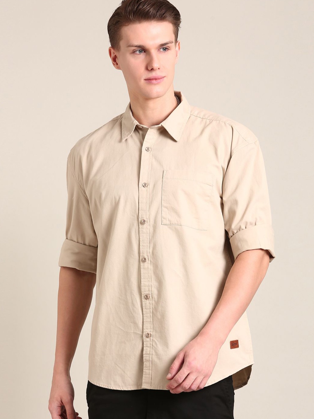 

The Roadster Lifestyle Co. Men Relaxed Solid Cotton Relaxed Fit Casual Shirt, Beige