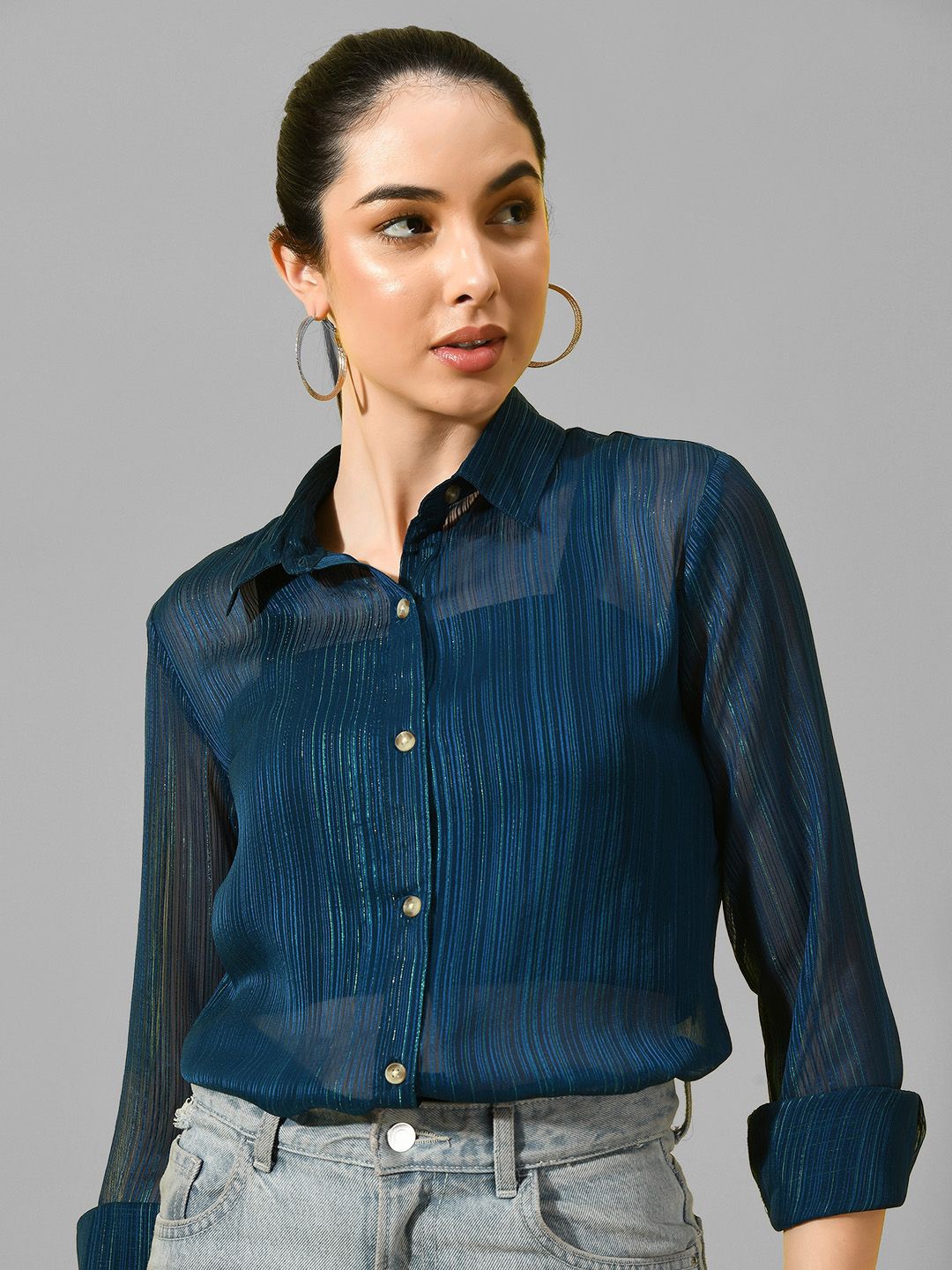 

CHARMGAL Women Classic Spread Collar Multi Striped Slim Fit Casual Shirt, Blue