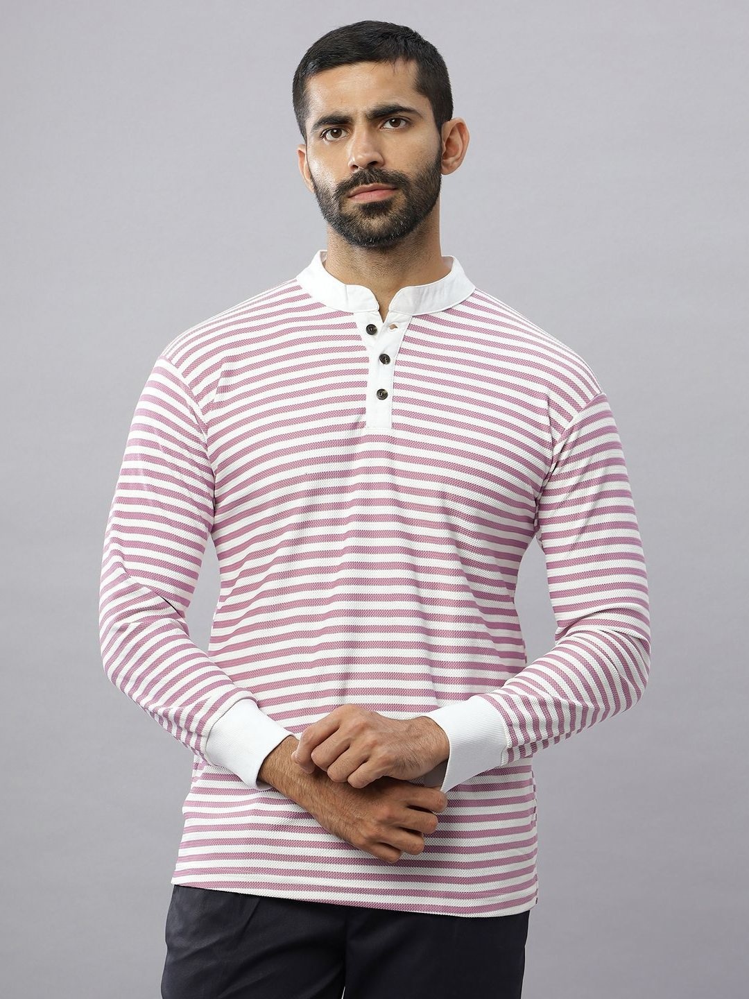 

N AND J Men Striped Henley Neck Cotton T-shirt, Pink