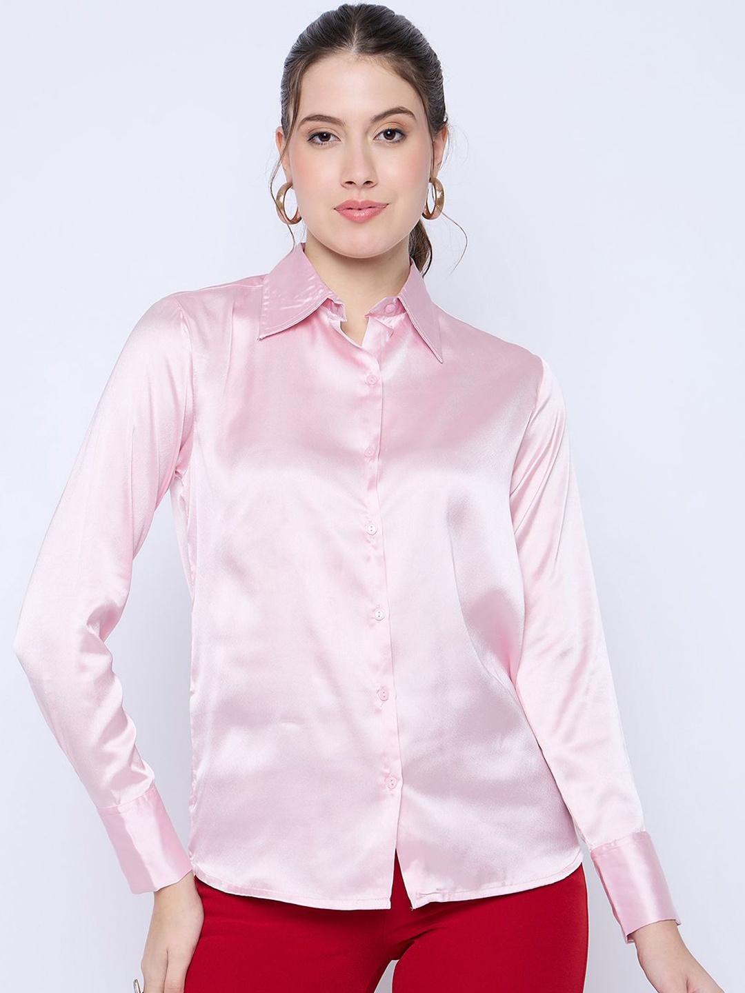 

Color Cocktail Women Spread Collar Solid Satin Casual Shirt, Pink