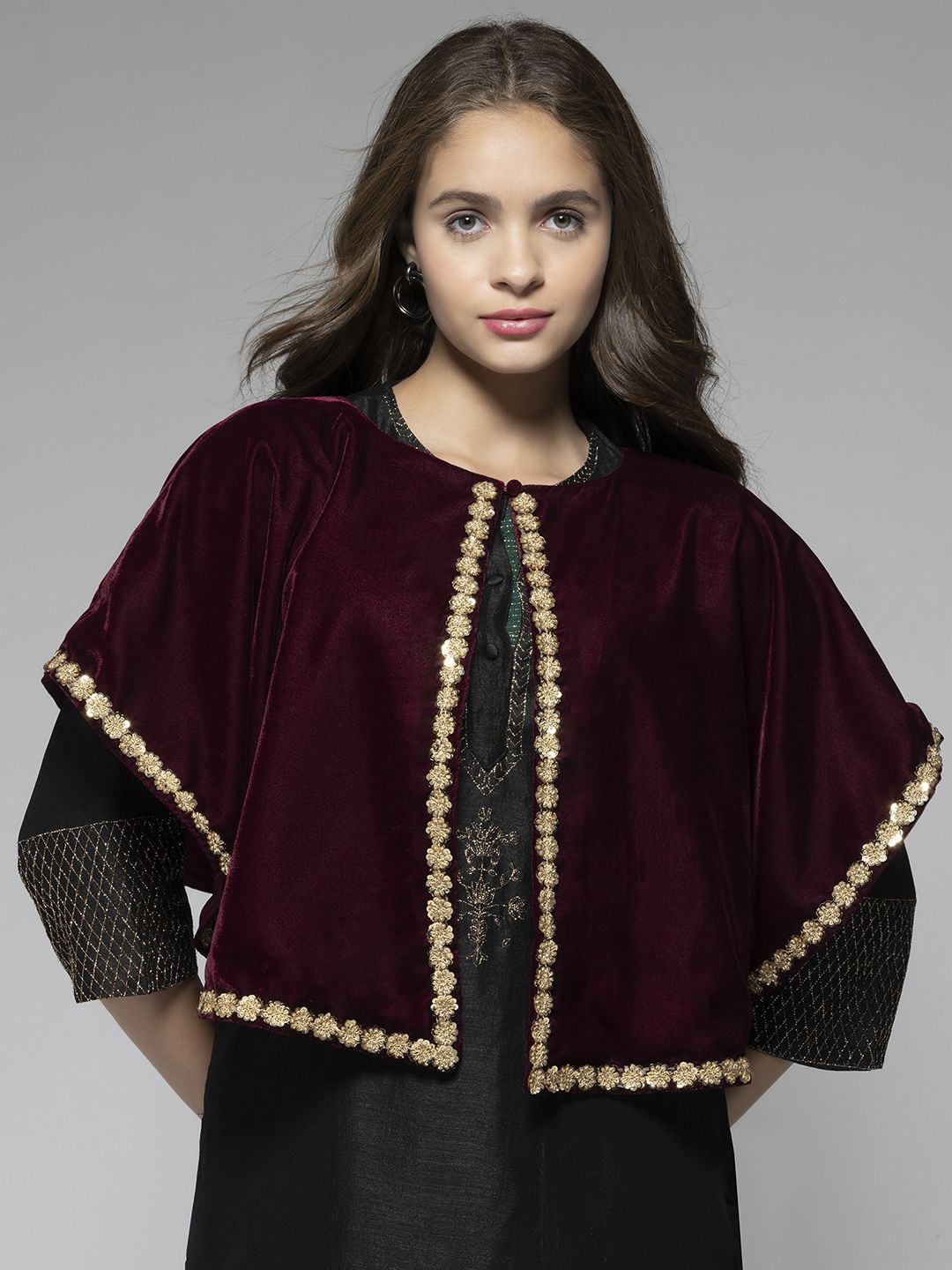

SHAYE Embellished Velvet Cape Crop Top, Maroon