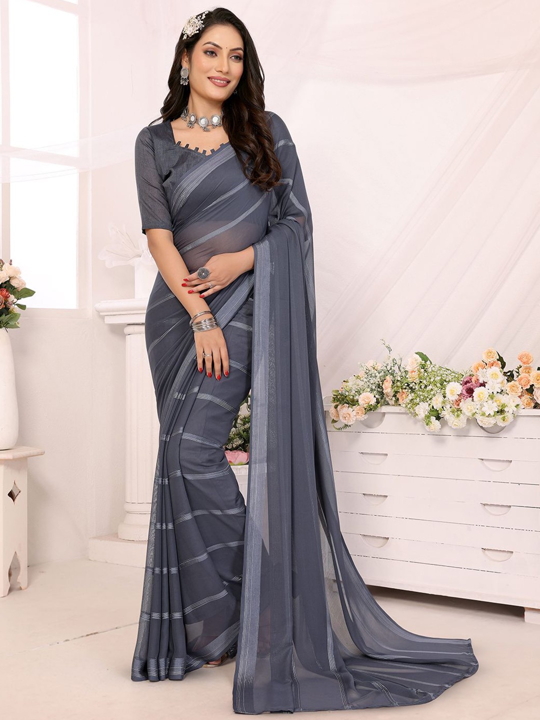 

Moda Rapido Striped Satin Saree, Grey