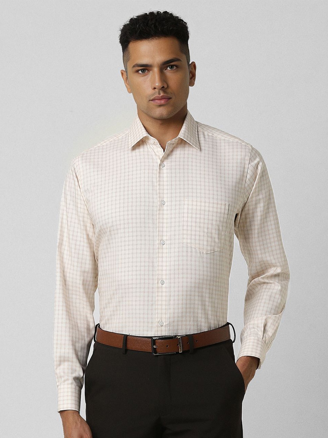 

Van Heusen Men Spread Collar Micro Checked Cotton Formal Shirt, Cream