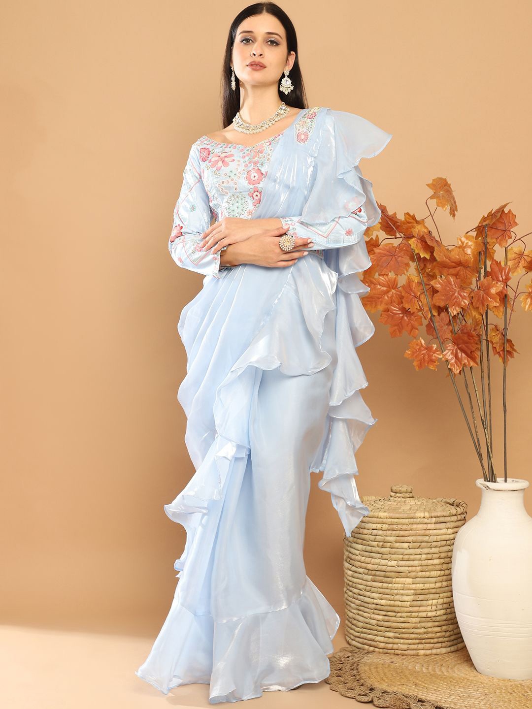 

Grancy Solid Organza Ready to Wear Saree, Blue
