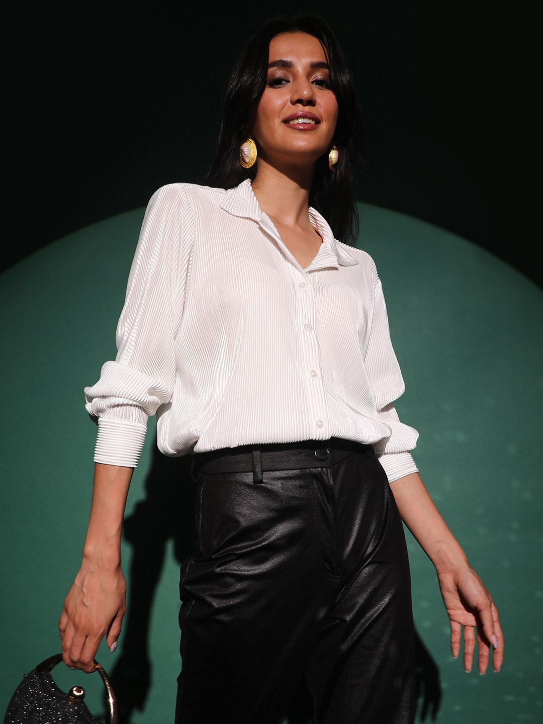 

PINACOLADA Women Relaxed Cuban Collar Textured Solid Satin Casual Shirt, White
