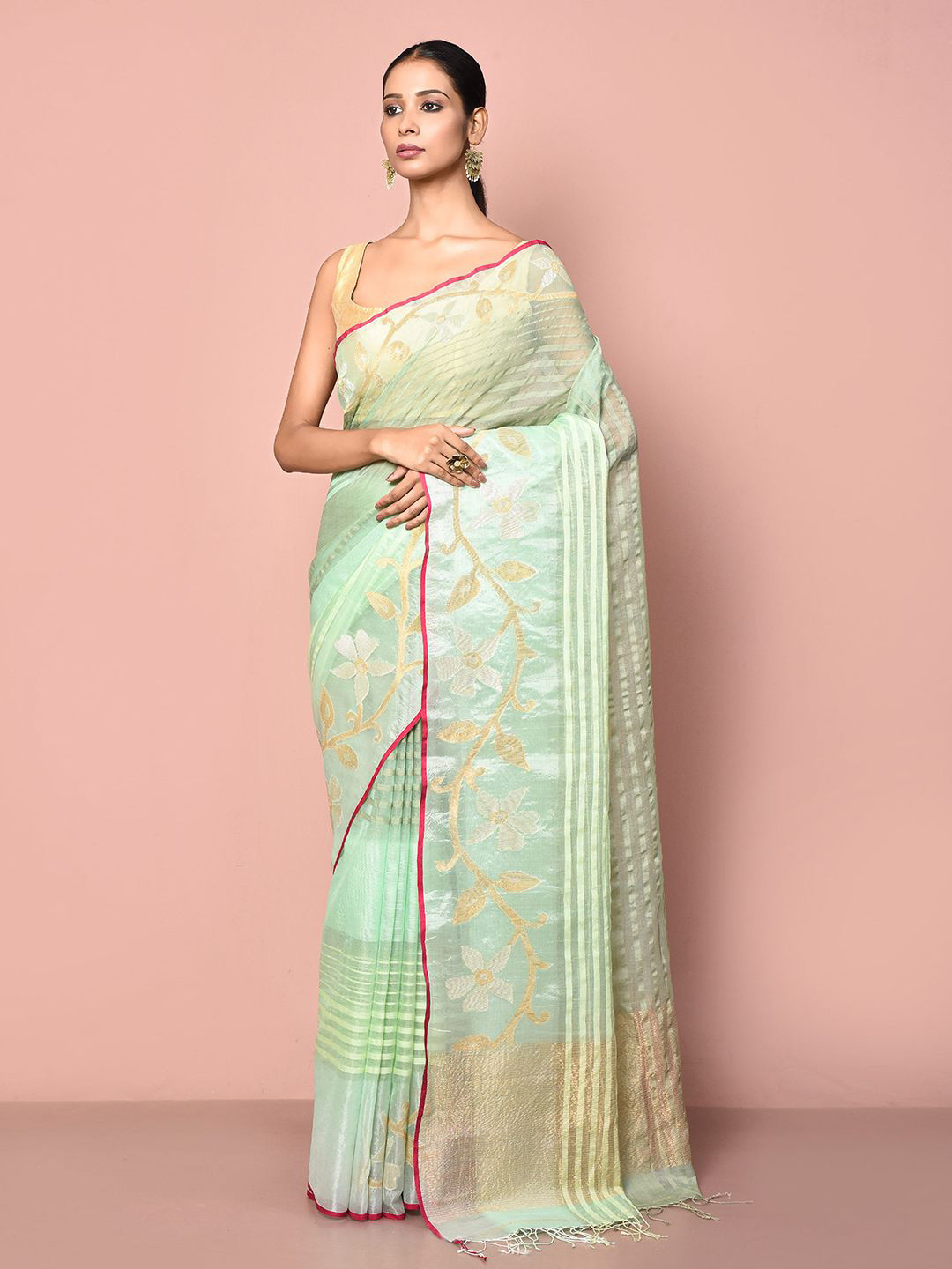 

Nazaakat by Samara Singh Striped Zari Tissue Saree, Green