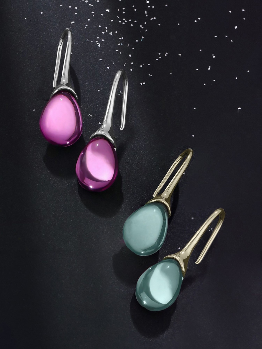 

Yellow Chimes Set of 2 Rhodium-Plated Stone Studded Drop Earrings, Purple
