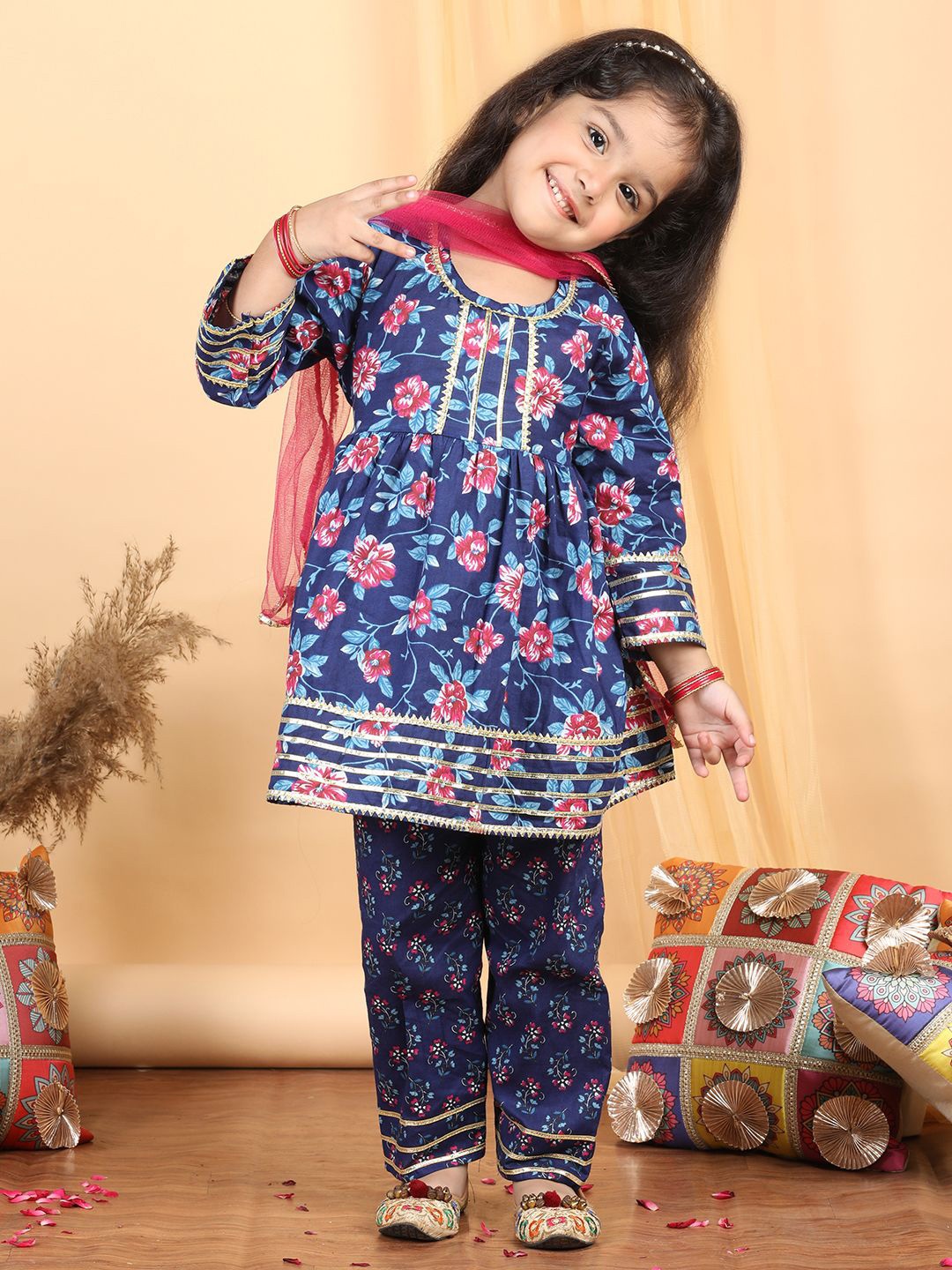 

kidcetra Floral Anarkali Kurta With Trouser & Dupatta, Blue