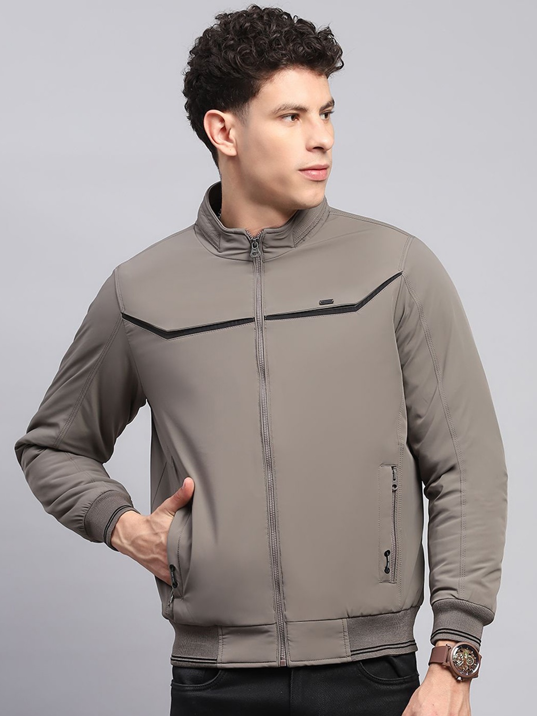 

Monte Carlo Men Mock Collar Solid Casual Bomber Jacket, Grey