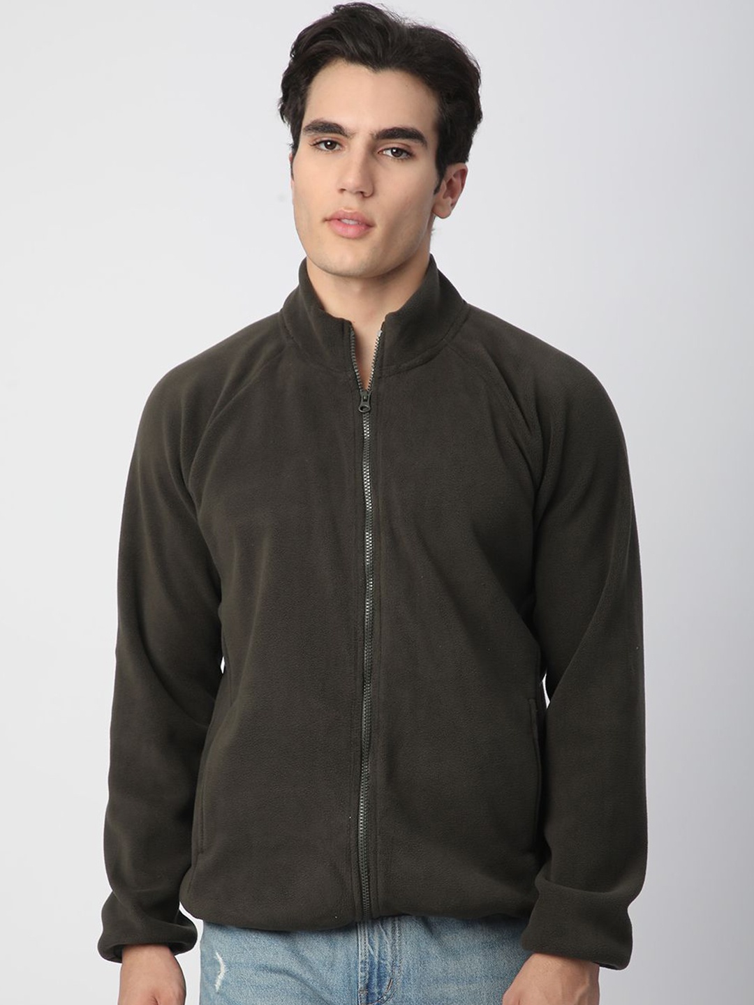 

R&B Men Mock Collar Solid Casual Open Front Jacket, Brown