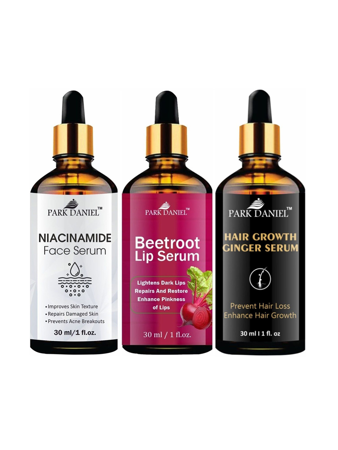 

Park Daniel Set Of 3 Niacinamide Face Serum, Beetroot Lip Serum & Hair Growth Serum - 30ml, Multi