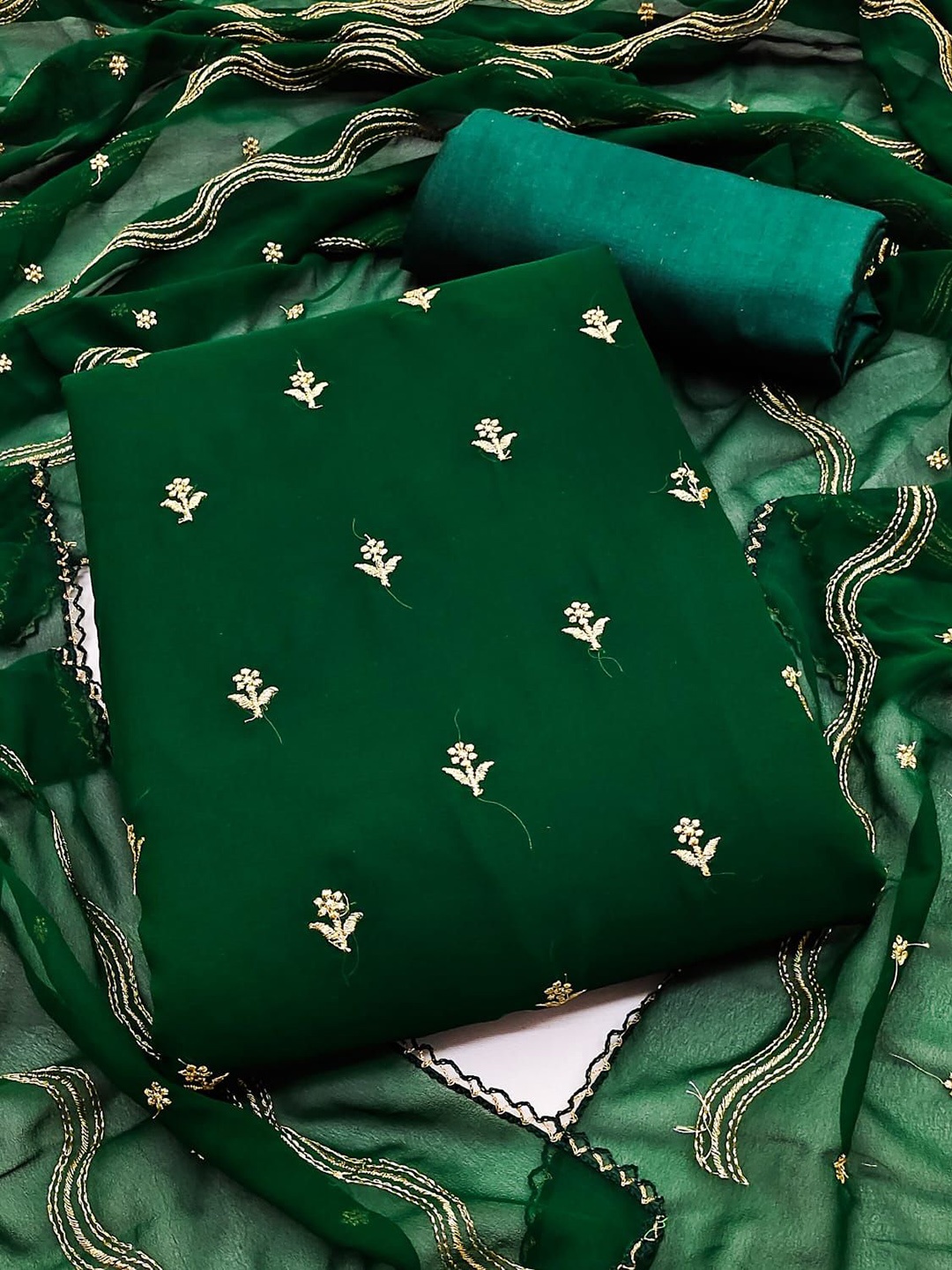 

Maroosh Georgette Embroidered Zari Unstitched Dress Material, Green