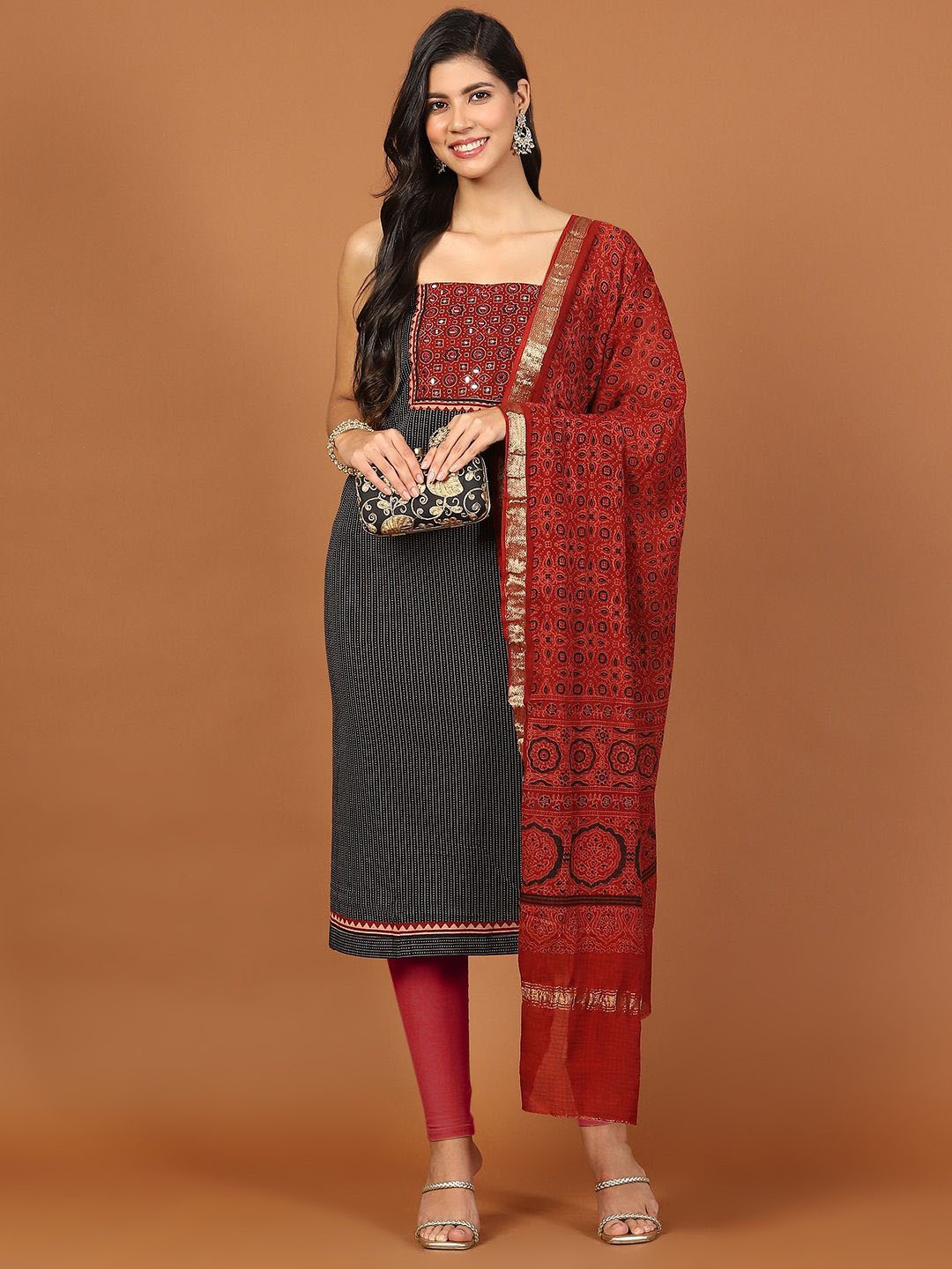 

Meena Bazaar Floral Printed Mirror Work Unstitched Dress Material, Black