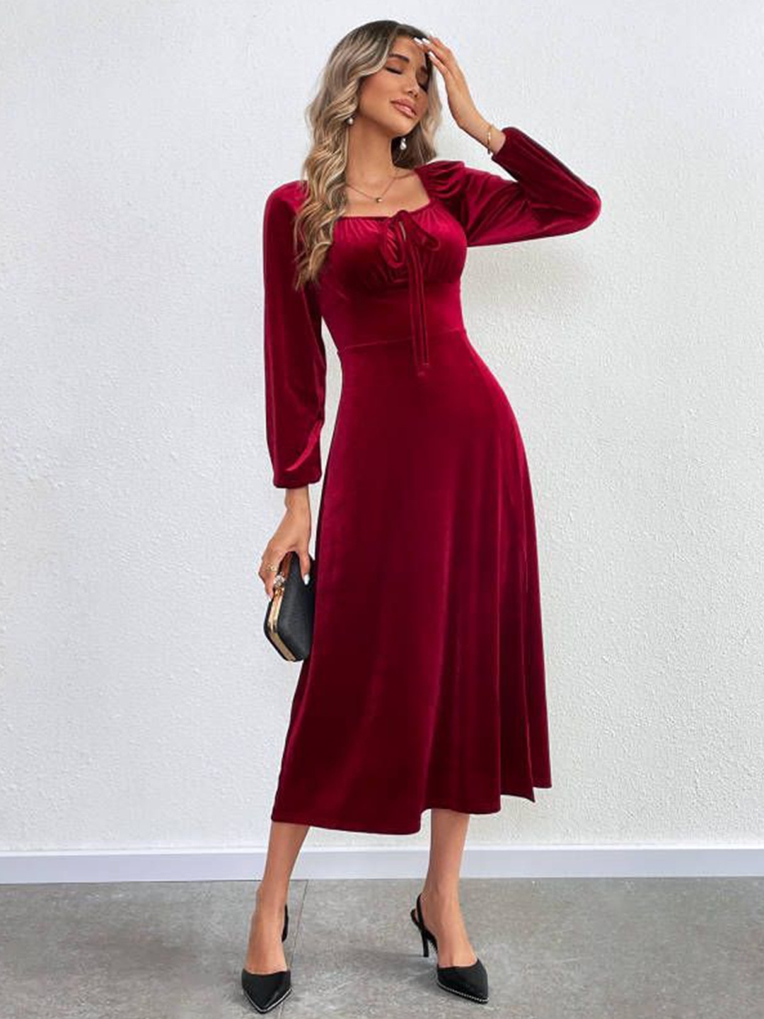 

HERE&NOW Women Tie-Ups Fit & Flare Midi Dress, Burgundy
