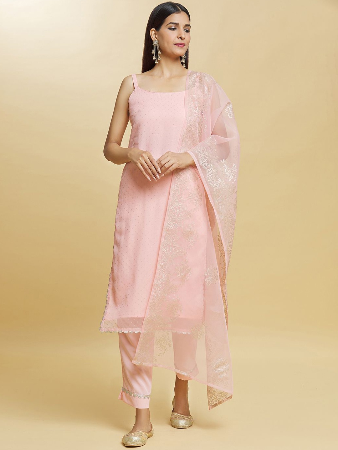 

Adara Khan Polka Dots Printed Regular Straight Kurta with Trousers & Dupatta, Pink