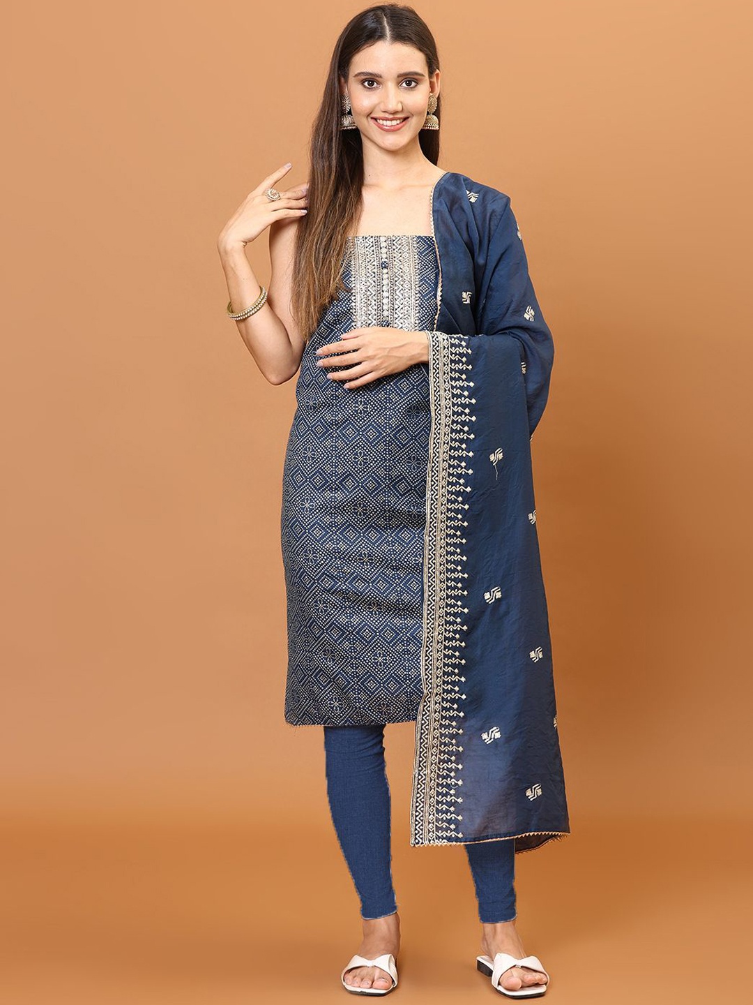 

Meena Bazaar Bandhani Printed Sequinned Unstitched Dress Material, Navy blue