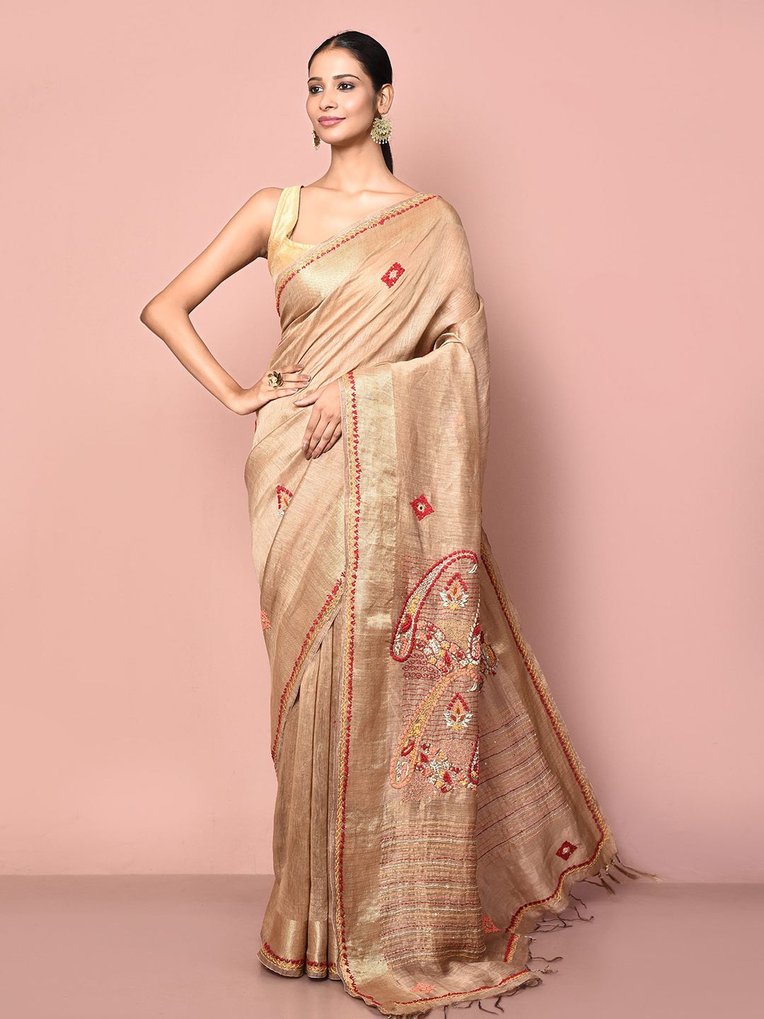 

Nazaakat by Samara Singh Ethnic Motifs Embroidered Pure Linen Saree, Brown
