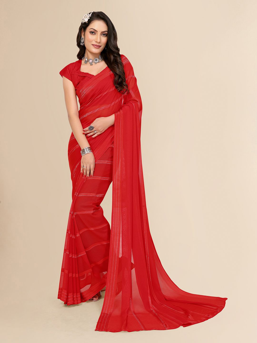 

Moda Rapido Striped Satin Saree, Red