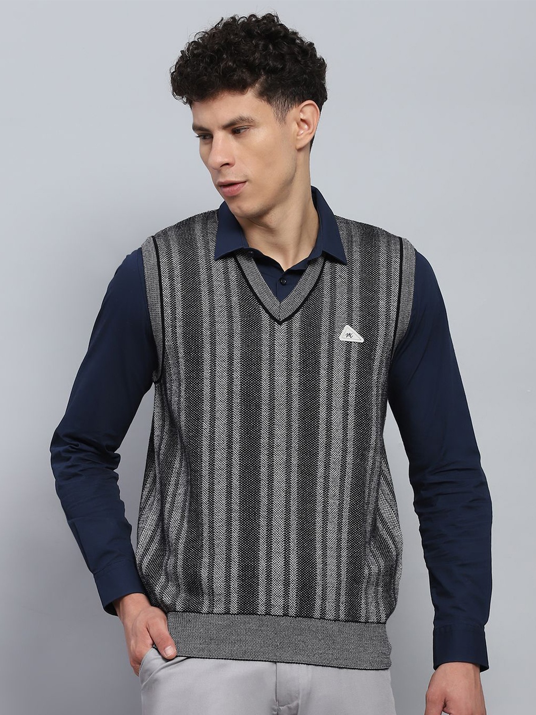 

Monte Carlo Men Striped Woollen Pullover, Grey