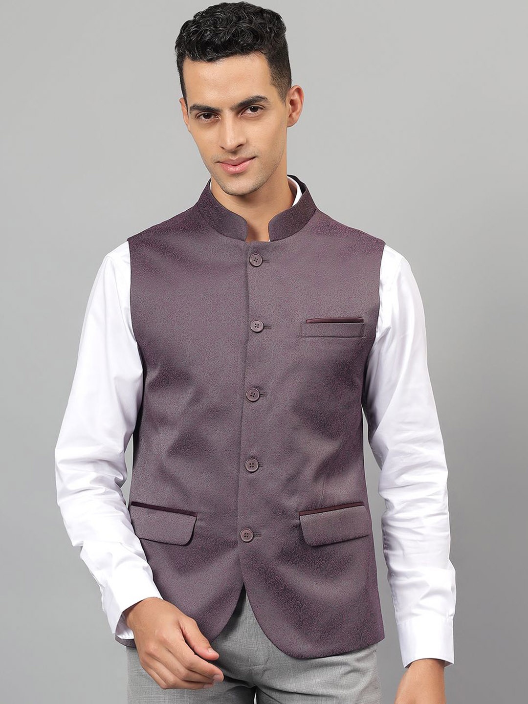 

Cantabil Floral Woven Design Slim-Fit Waistcoat, Purple