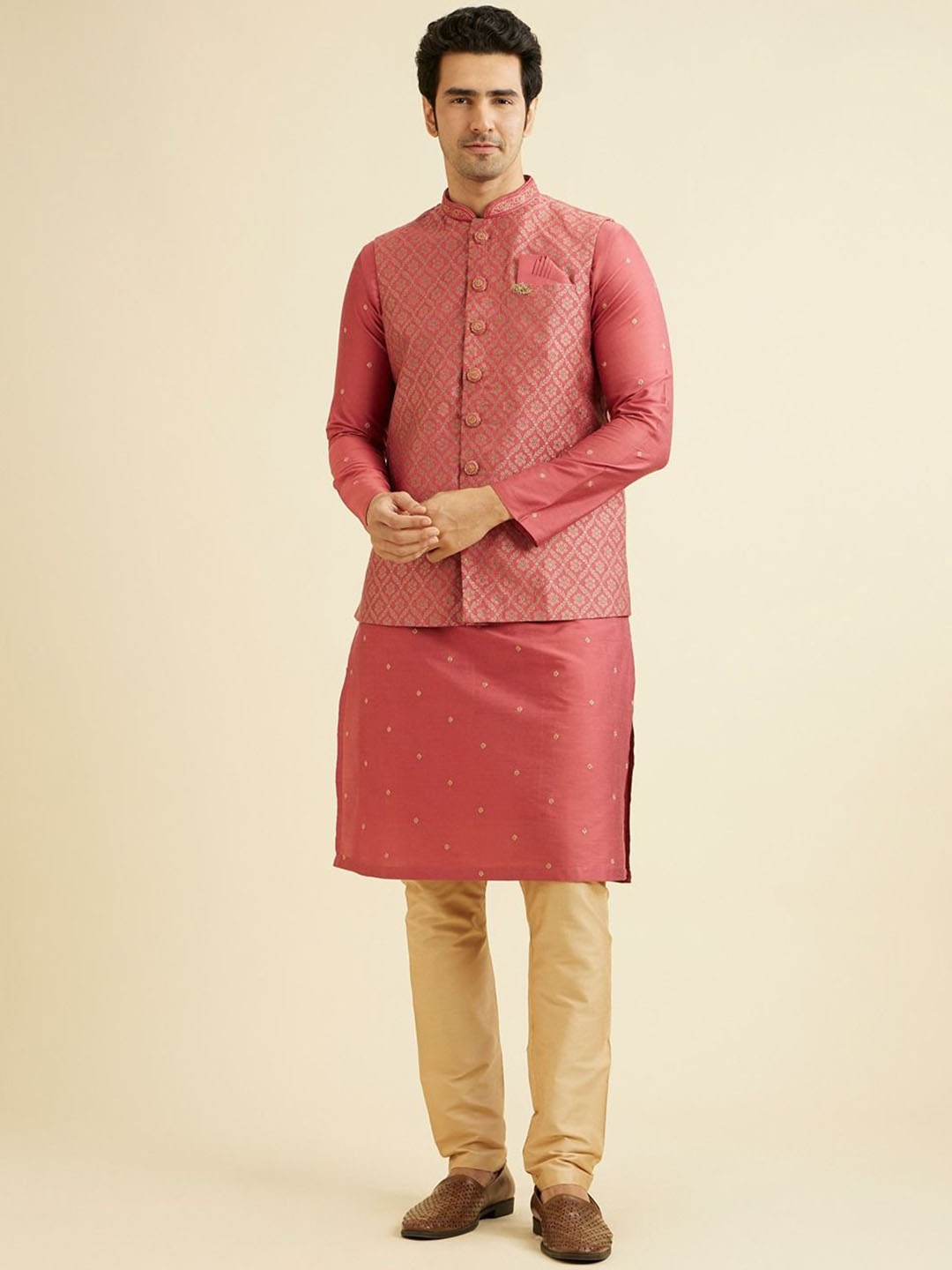 

Manyavar Ethnic Motifs Embroidered Beads & Stones Straight Kurta & Trousers With Jacket, Pink