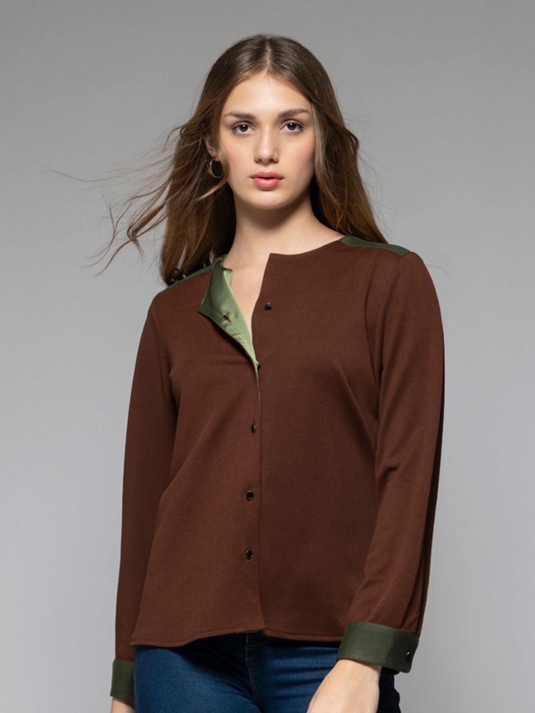 

SHAYE Women Relaxed Collarless Solid Relaxed Fit Casual Shirt, Brown