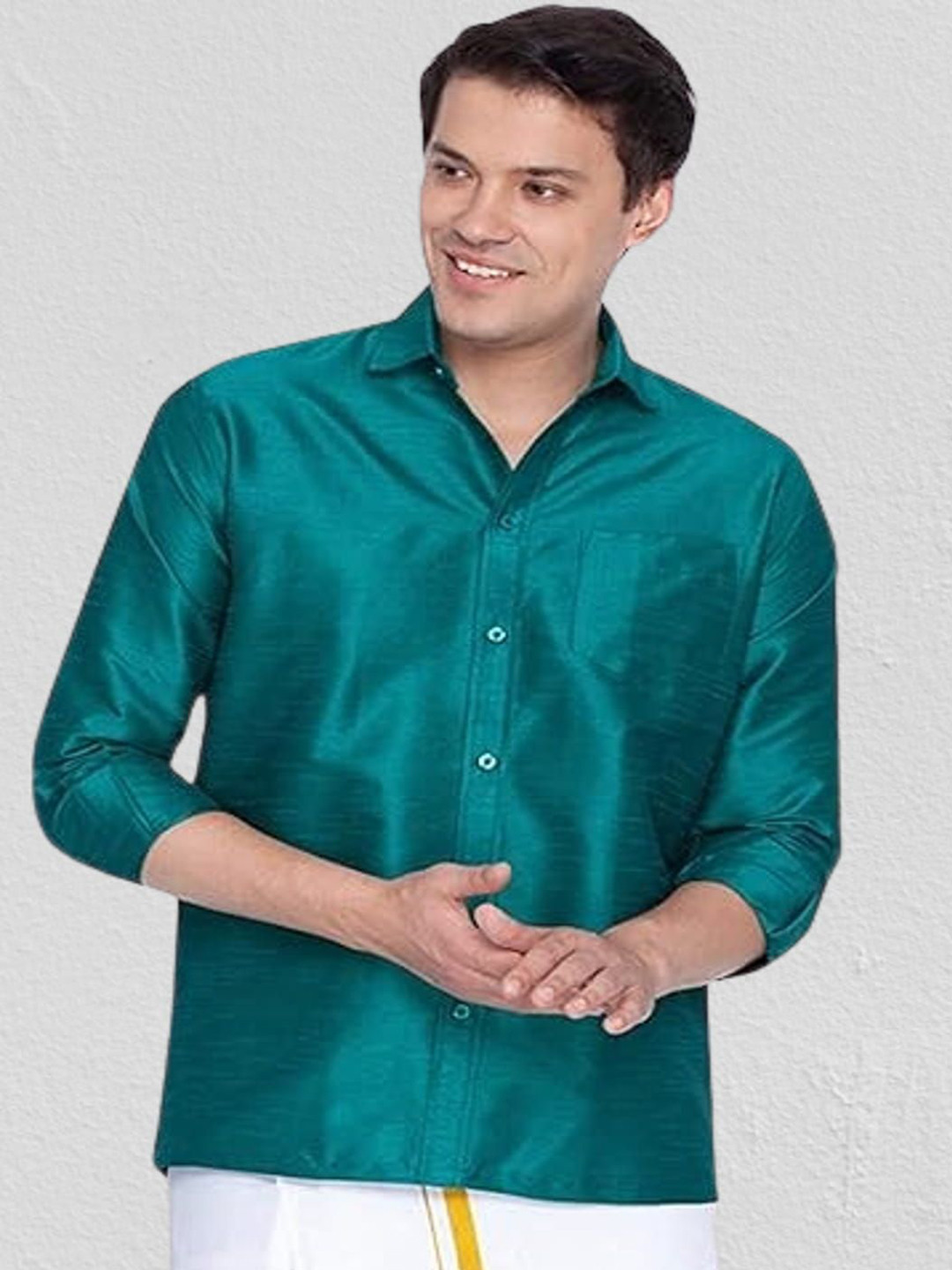 

BANHUSSAIN Men Spread Collar Solid Silk Casual Shirt, Green