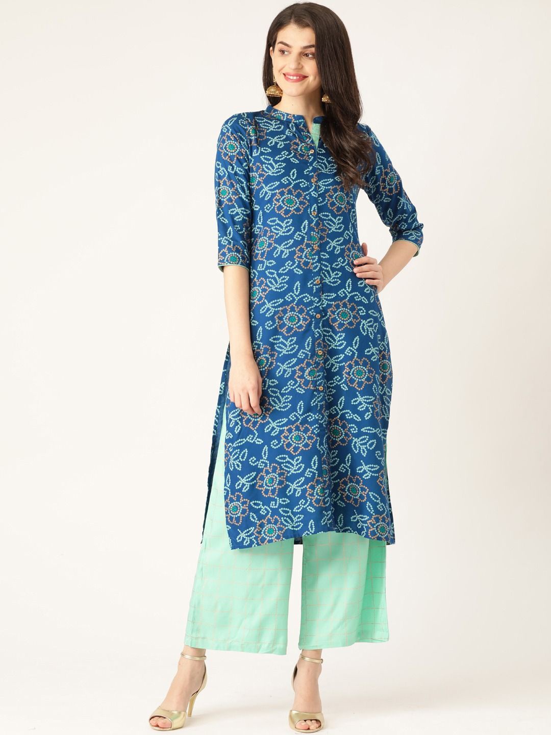 

Anouk Blue Bandhani Printed Mandarin Collar Straight Kurta with Palazzos