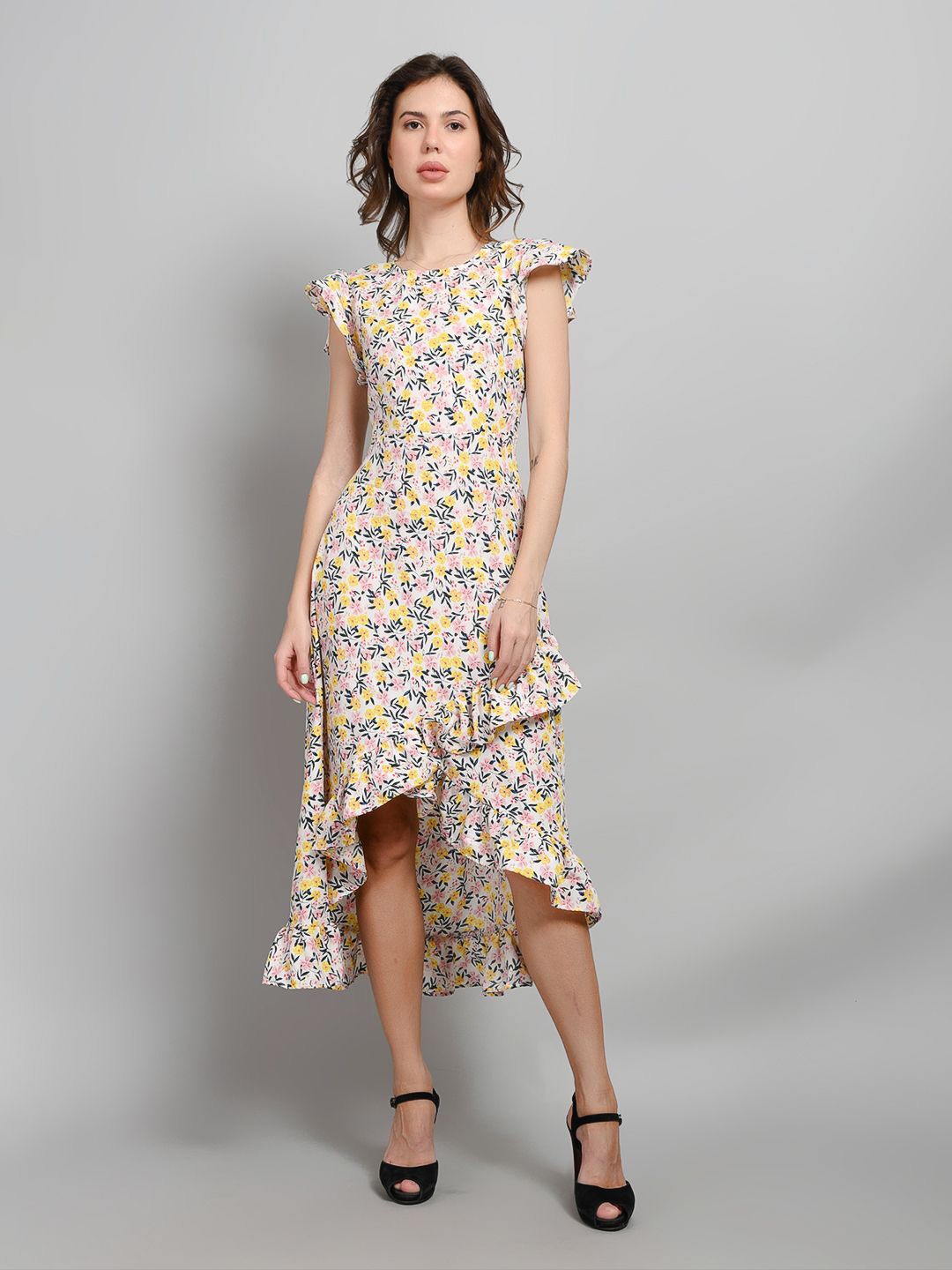 

Parona Women Floral Printed Fit and Flare Dress, Yellow