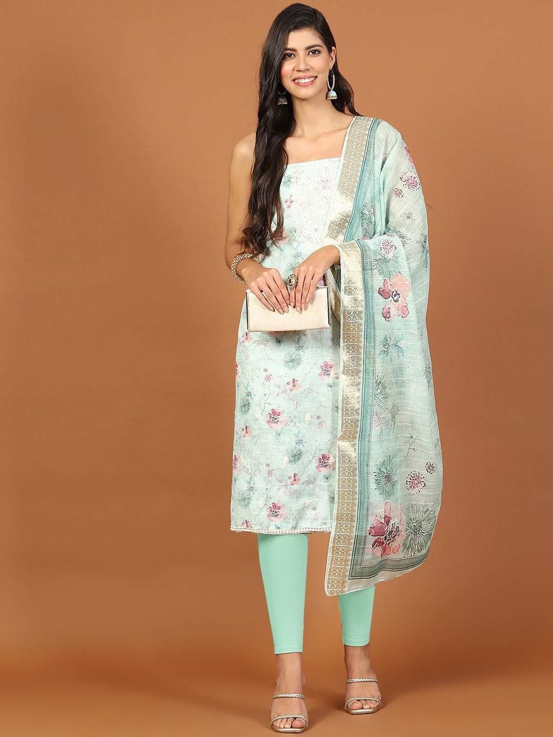 

Meena Bazaar Floral Printed Cotton Unstitched Dress Material, Green