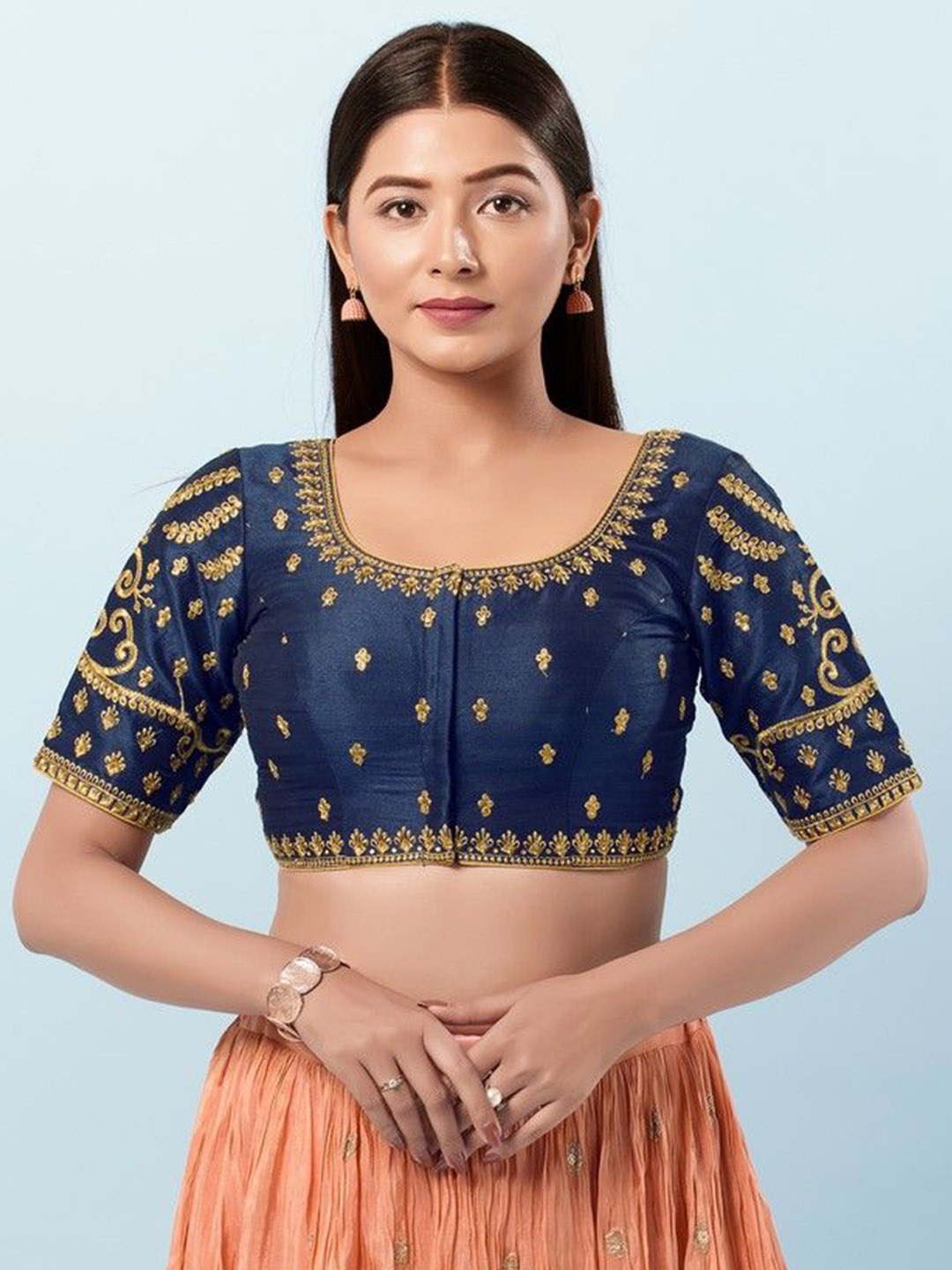 

Mmore Embroidered Readymade Padded Saree Blouse, Navy blue