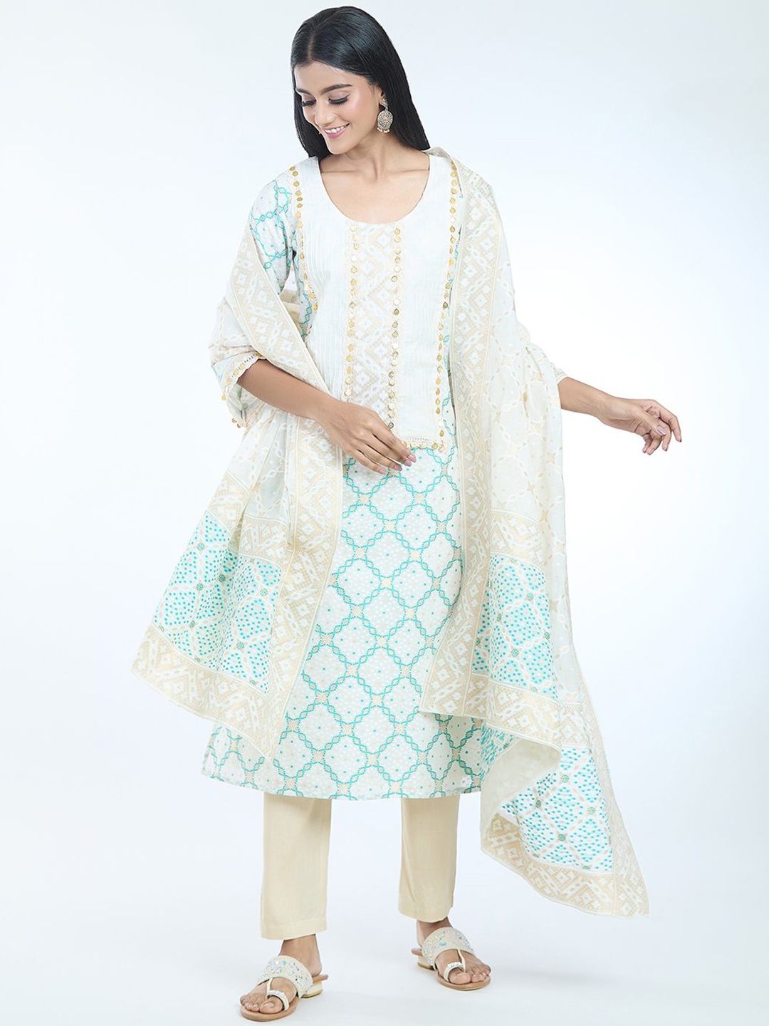 

Samyukta Singhania Printed Regular Chanderi Cotton Straight Kurta with Trousers & Dupatta, Off white