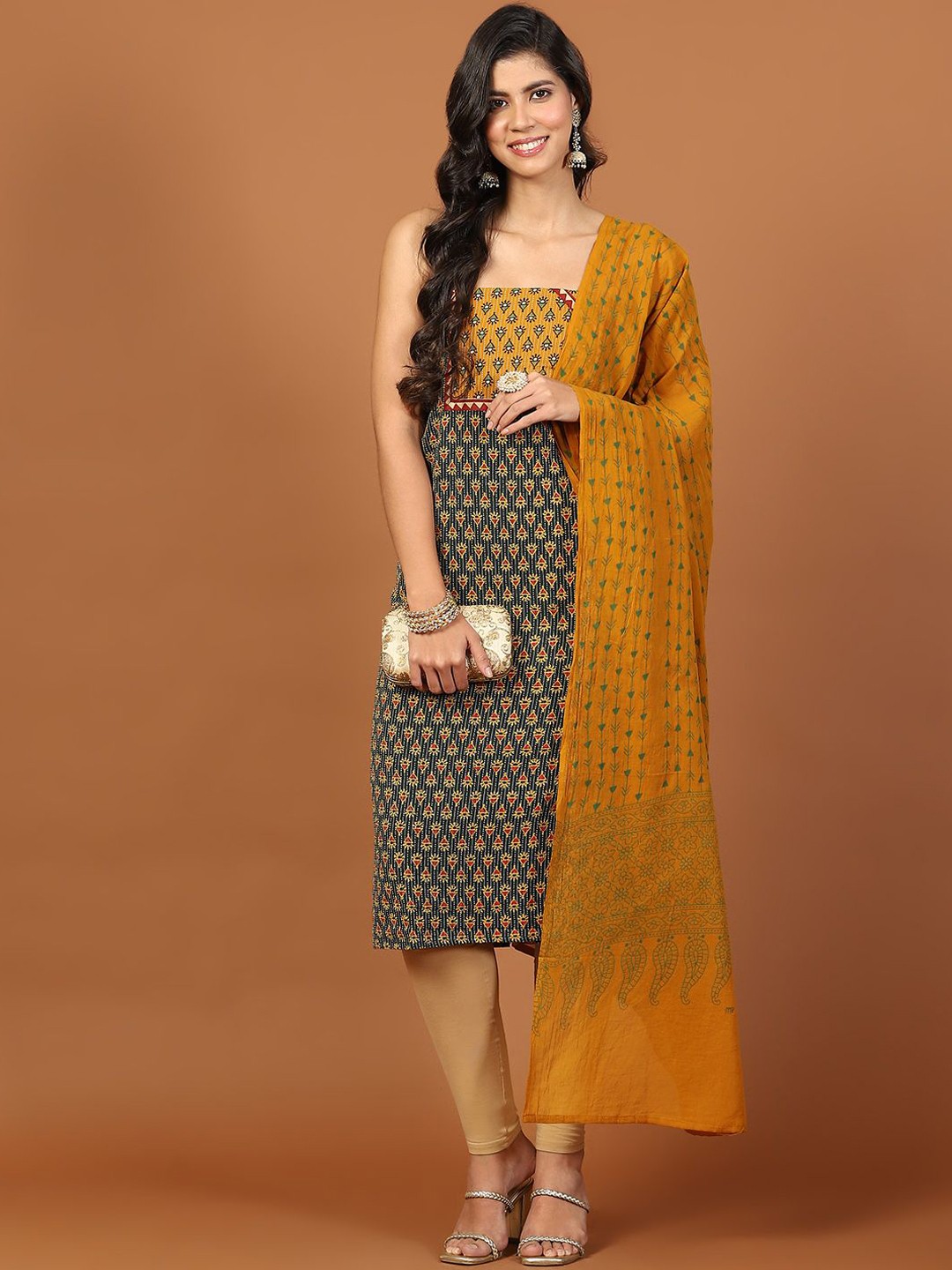 

Meena Bazaar Ethnic Motifs Printed Unstitched Dress Material, Blue