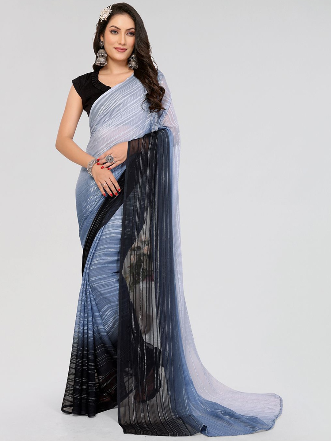 

Moda Rapido Striped Satin Saree, Grey