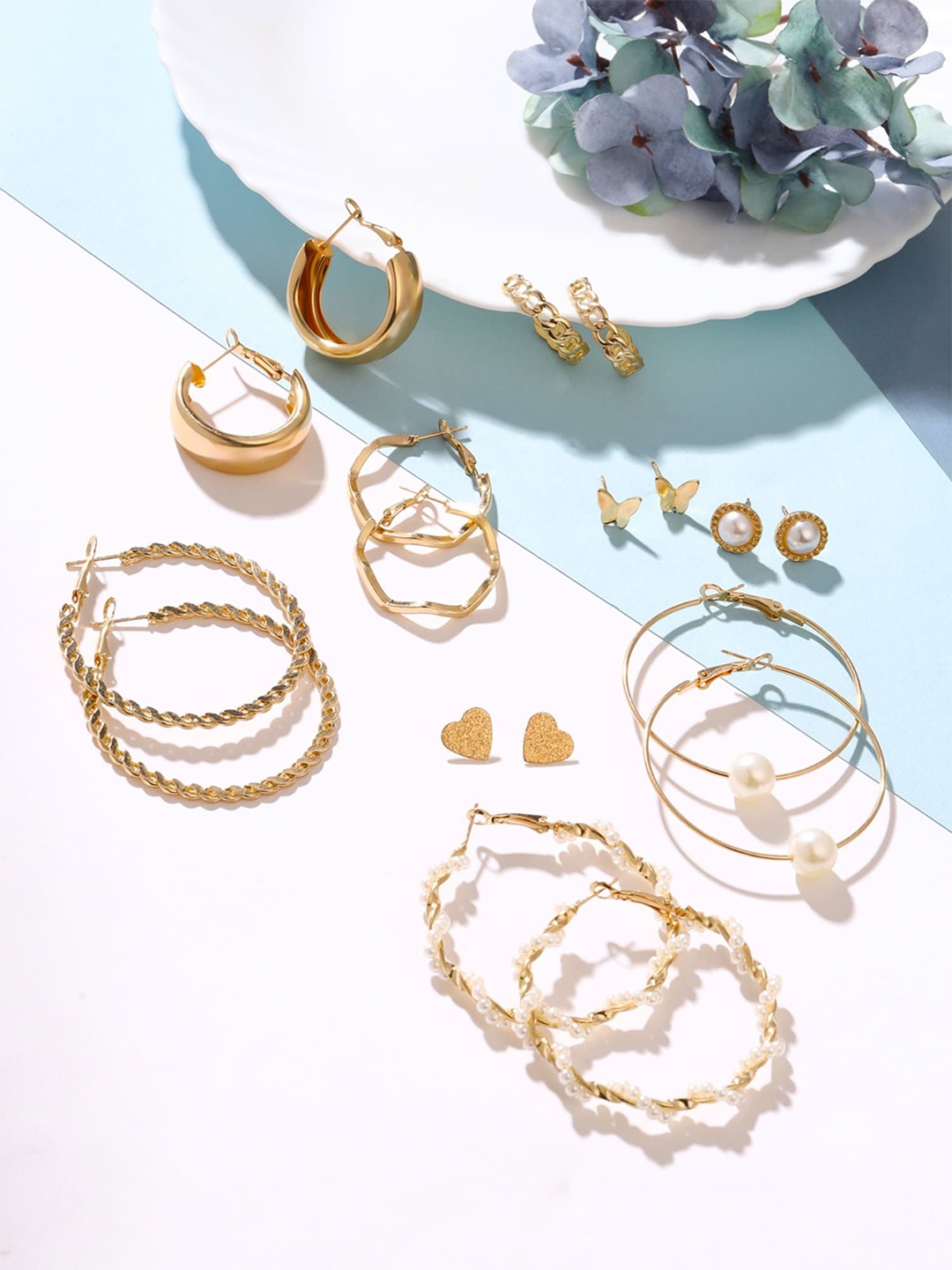 

Yellow Chimes Pack of 9 Pairs Gold Plated Artificial Stones and Beads Studs Earrings