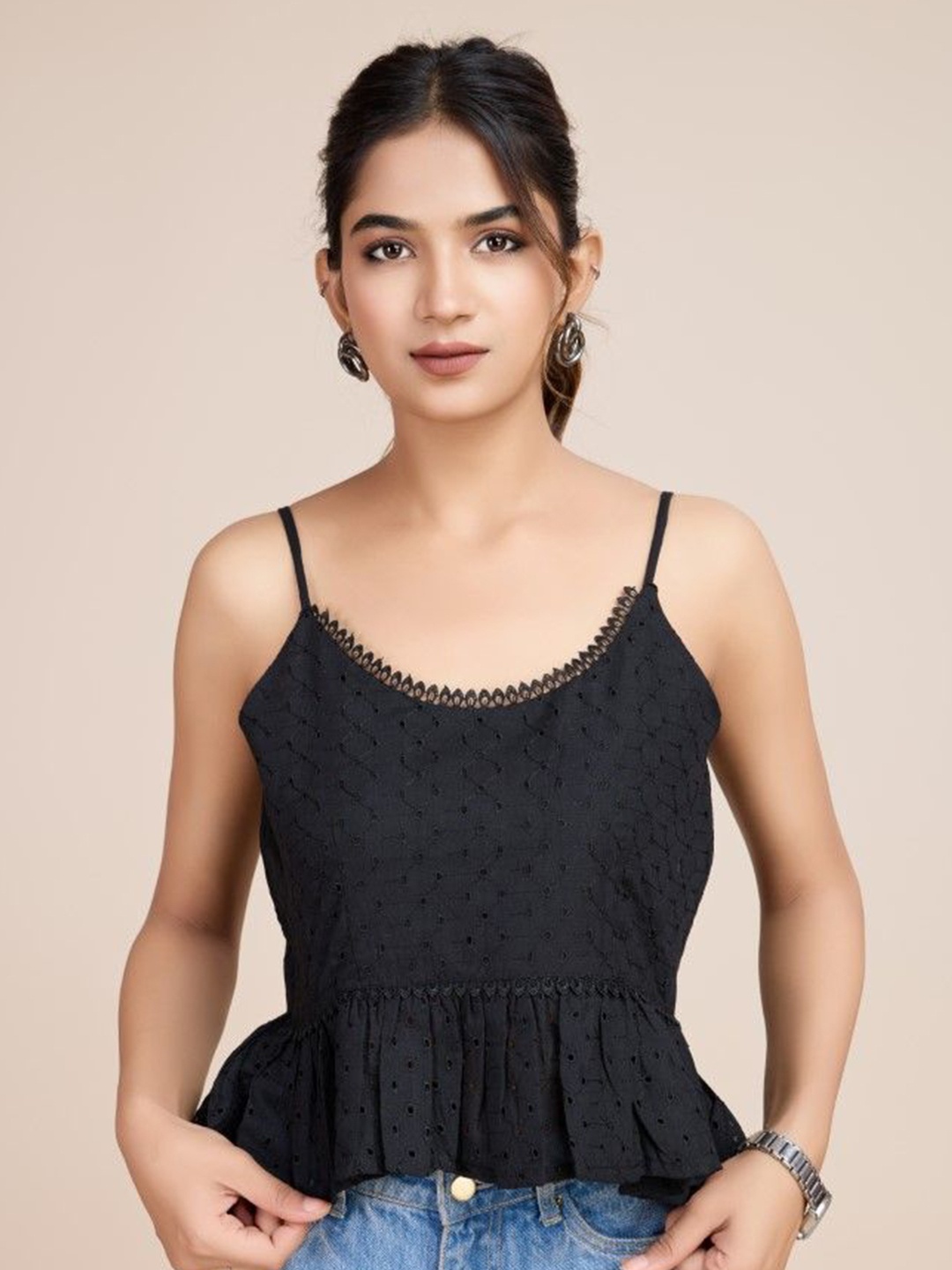 

HOUSE OF MIRA Women Self Design Cotton Peplum Top, Black