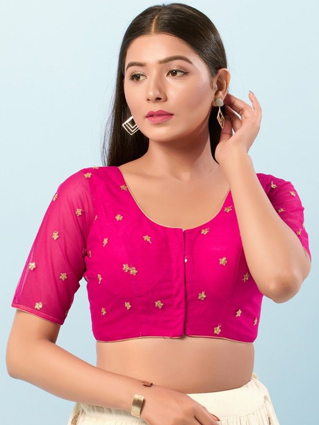 

Mmore Women Embroidered Readymade Padded Saree Blouse, Pink