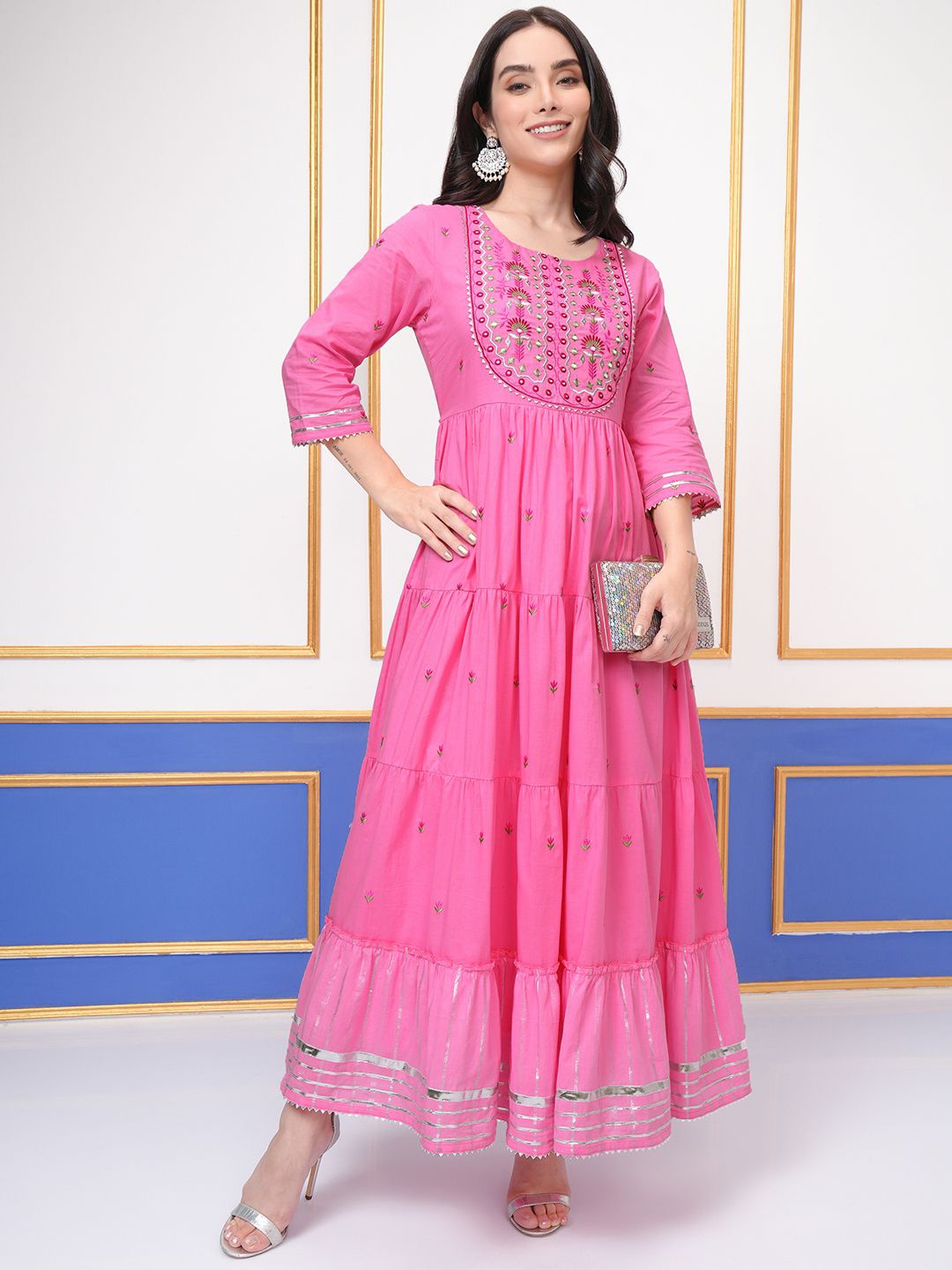 

Vishudh Embroidered Tiered Maxi Ethnic Dresses, Magenta