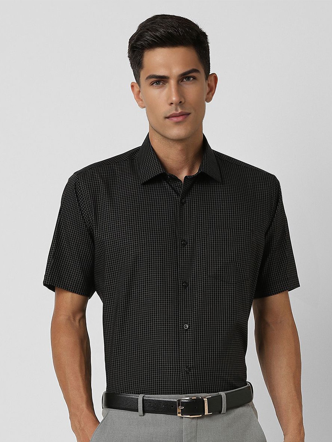 

Van Heusen Men Spread Collar Micro Checked Cotton Slim Fit Formal Shirt, Black
