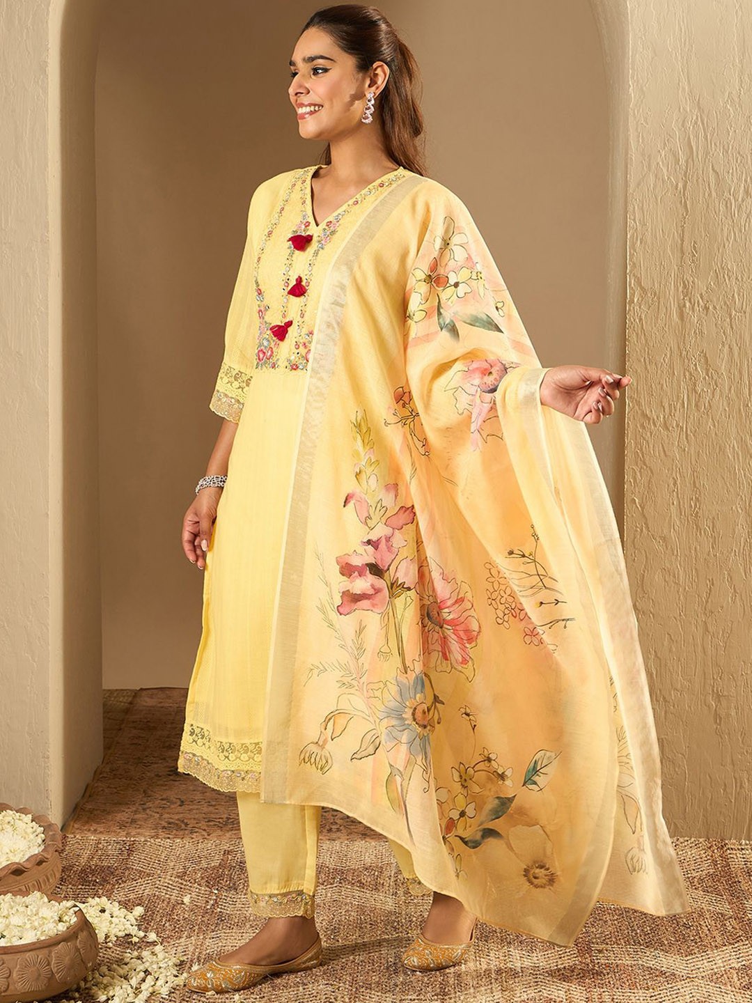 

Indo Era Floral Embroidered Thread Work Pure Cotton Straight Kurta With Trousers & Dupatta, Yellow