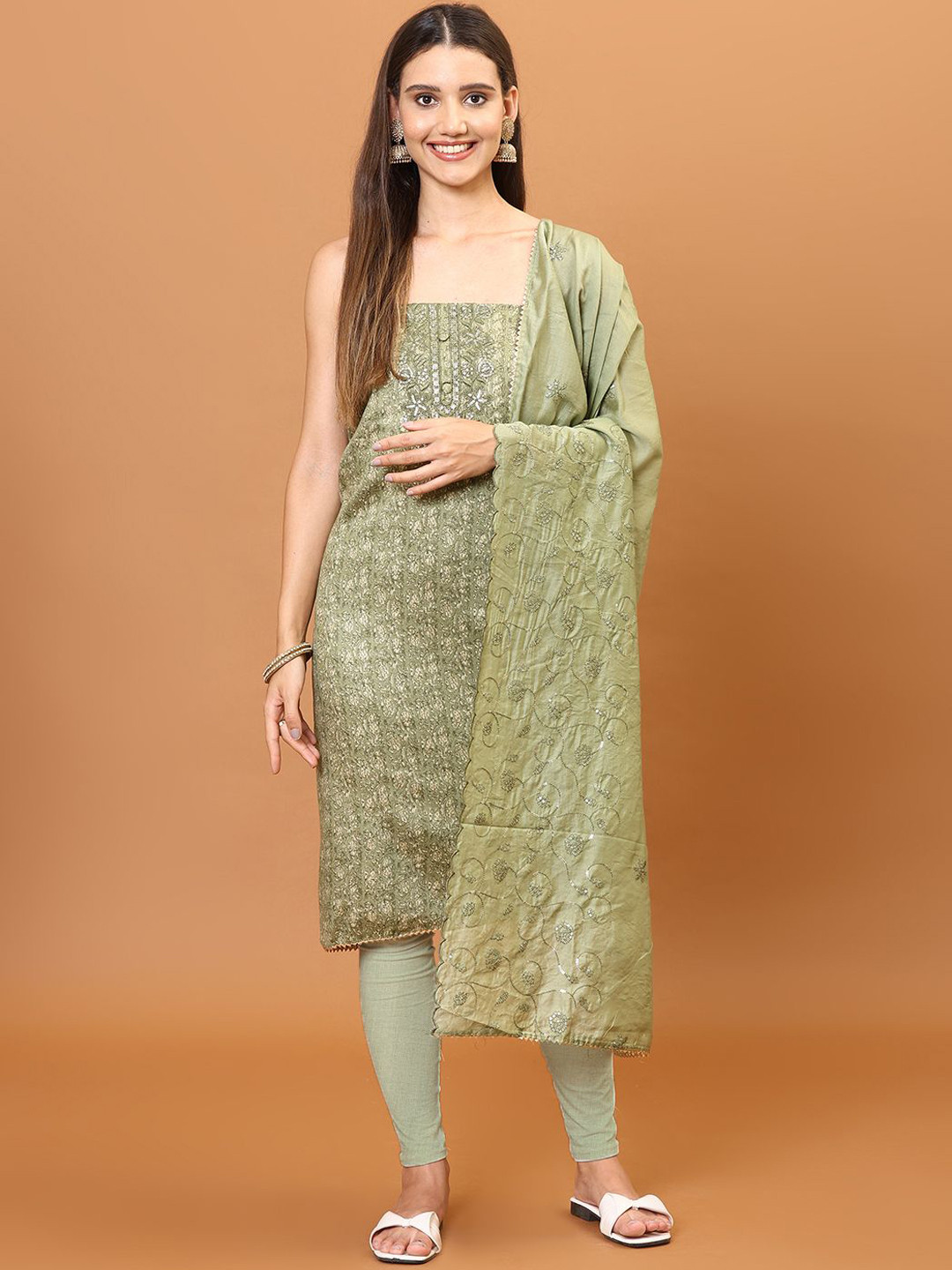 

Meena Bazaar Floral Printed Unstitched Dress Material, Green