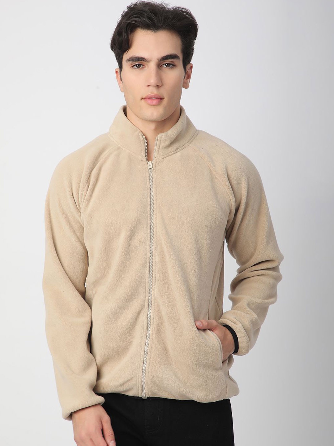 

R&B Men Mock Collar Solid Casual Bomber Jacket, Beige