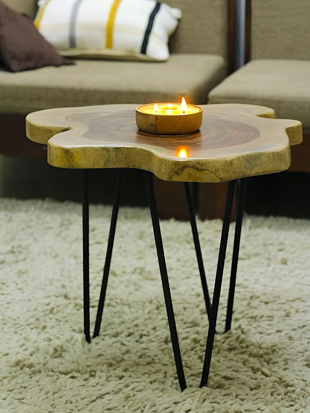 

Wood Chop Wooden Beige & Black Edge Side Table with Hairpin legs