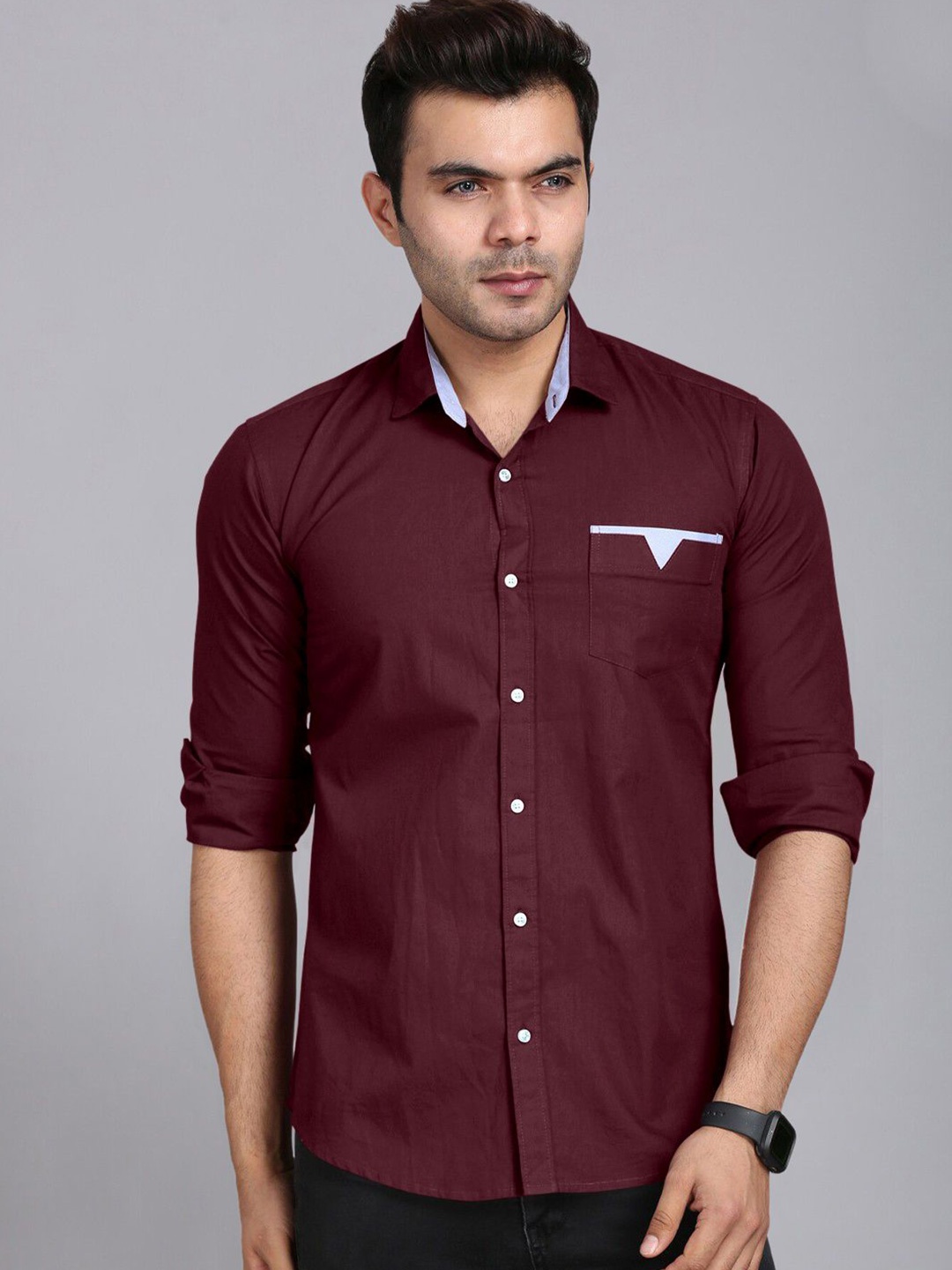 

FINIVO FASHION Men Standard Spread Collar Solid Striped Casual Shirt, Maroon