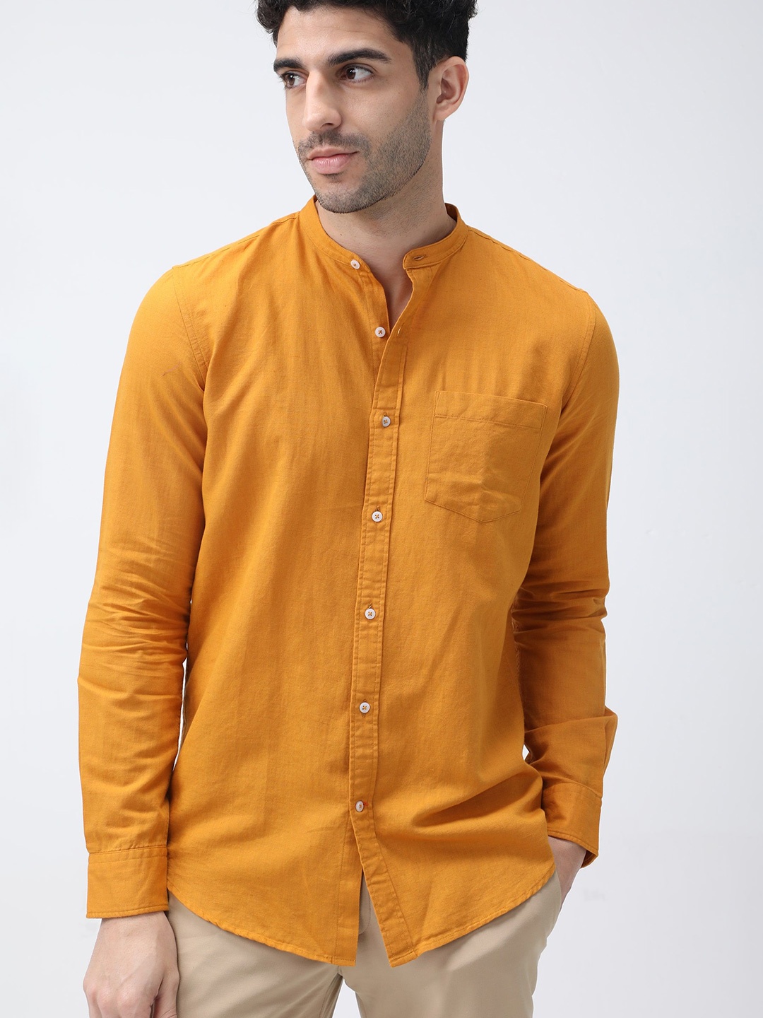 

BARE BROWN Men Band Collar Solid Cotton Slim Fit Casual Shirt, Yellow