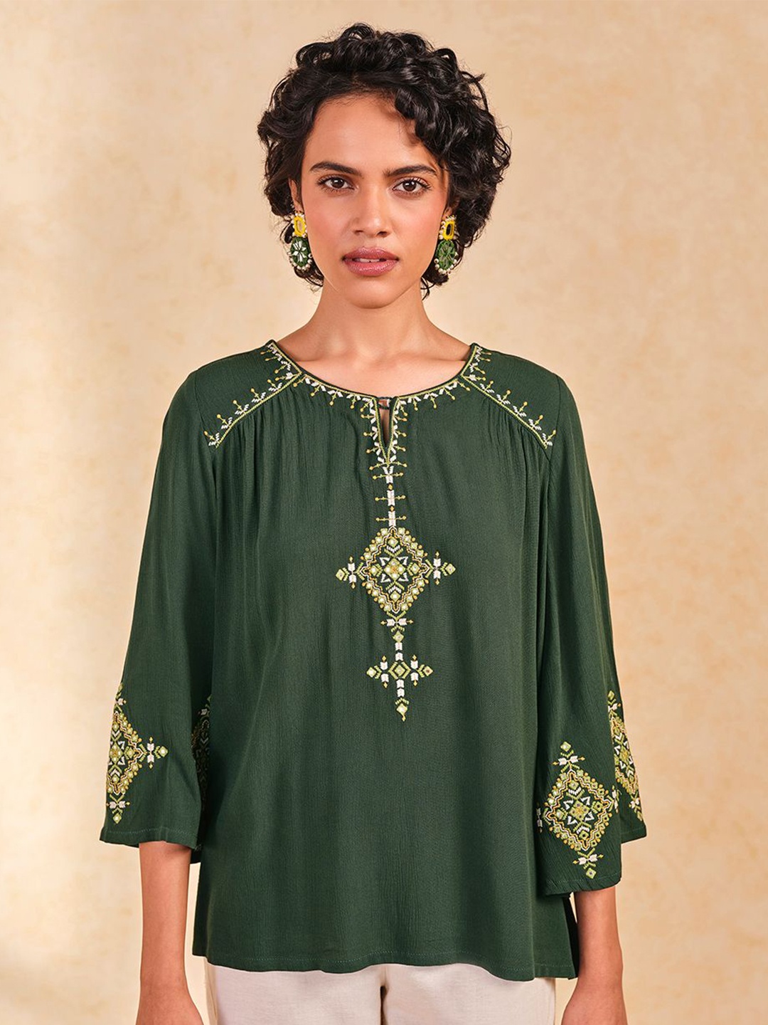

Global Desi Women Embroidered Regular Top, Green