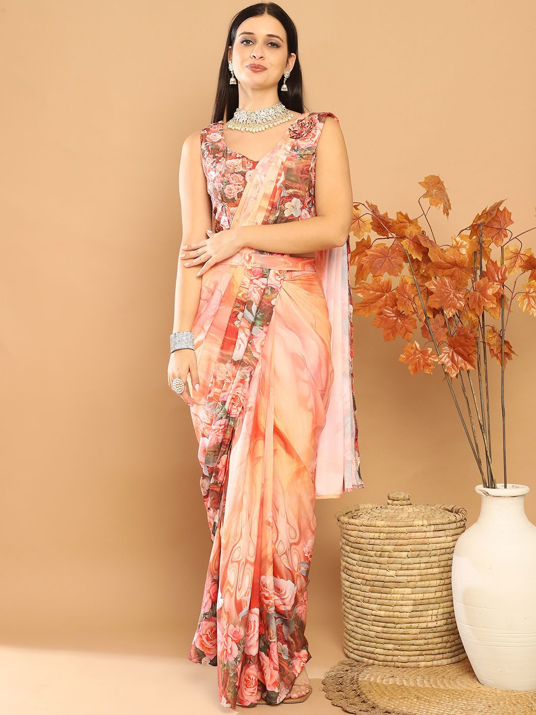 

Grancy Floral Printed Ready to Wear Leheriya Saree, Peach